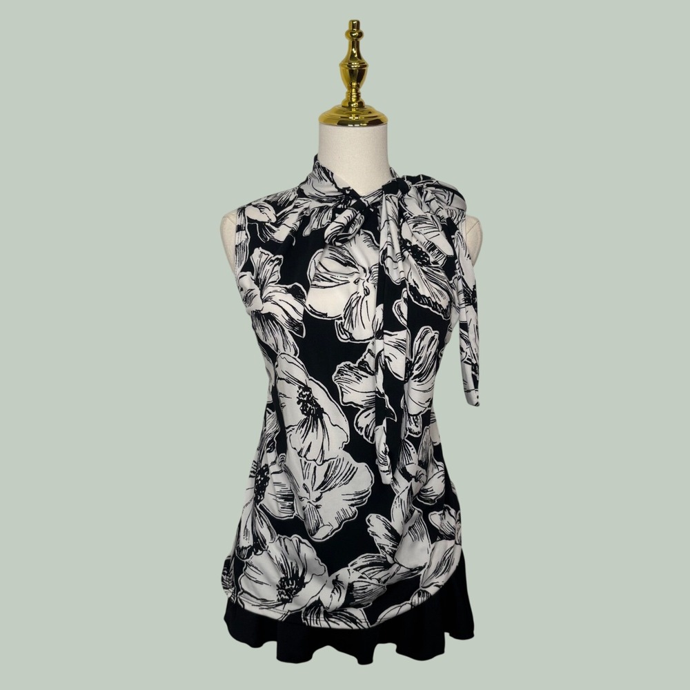 tiffany & grey black white‎ floral blouse turtleneck coquette chic office siren